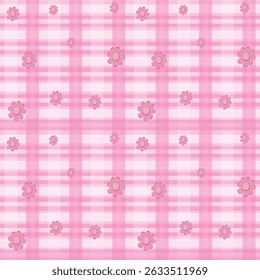 Fundo xadrez rosa sem costura com flores desenhadas à mão bonito. Cores pastel macias, padrão floral de primavera brincalhão, perfeito para tecido, envoltório ou design digital.