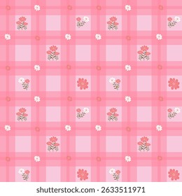 Seamless pink plaid background with cute hand-drawn flowers. Soft pastel colors, playful spring floral pattern, perfect for fabric, wrapping, or digital design.