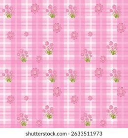 Seamless pink plaid background with cute hand-drawn flowers. Soft pastel colors, playful spring floral pattern, perfect for fabric, wrapping, or digital design.