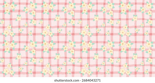 Seamless pink plaid floral vector pattern with spring blossoms in hand-drawn style for fabric, wallpaper, and gift wrap
