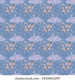 Patrón de flor de ciruela rosa sin costura sobre fondo azul. Papel pintado de primavera de arte oriental con ilustración plana.  