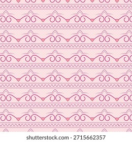 Un patrón de príncipes rosados sin fisuras con pergaminos adornados, corazones y bordes en zigzag. Ideal para el fondo, texturas y productos para niñas.