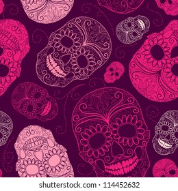 Seamless pink and purple background with skulls