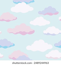 Seamless pink, purple and blue clouds pattern on blue background