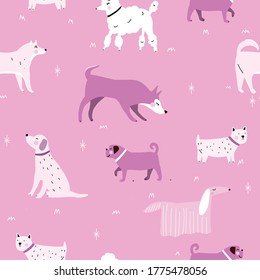 Seamless pink and purple dog monochrome retro hipster pattern.