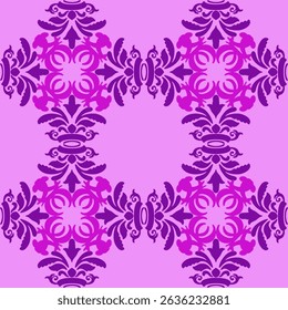 Seamless pink and purple floral vector pattern with vintage swirl ornamentation