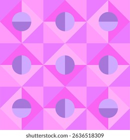 Seamless pink and purple geometric pattern, ideal for digital textile prints, modern fashion design, and abstract fabric backgrounds.