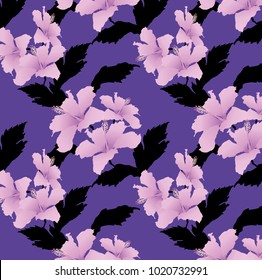 Seamless Pink Purple Hibiscus Deep Black Leafs Ultra Violet Background Vector Pattern