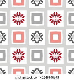 Seamless pink, red, grey and white geometric pattern. Beautiful stylish background. Repeating modern tiling background with fancy elements. 