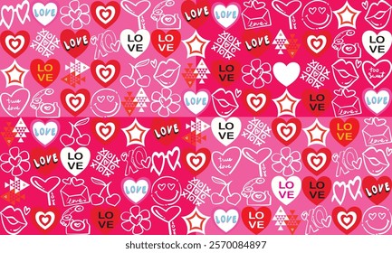 Seamless pink and red love-themed pattern with hearts, flowers, and romantic symbols for Valentine's Day designs.