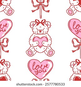 Seamless pink and red pattern featuring hand drawn teddy bear holding heart, lollipop with bow. Perfect for romantic Valentines Day design, wedding. Vector background