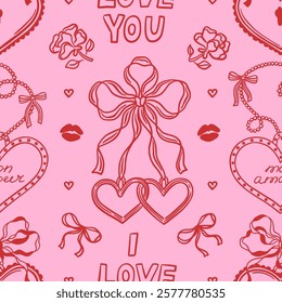 Seamless pink and red pattern featuring hand drawn hearts, bows, roses, love messages. Perfect for romantic Valentines Day designs, weddings. Vector background