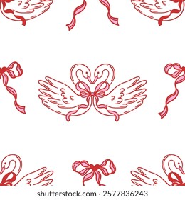 Seamless pink and red pattern featuring two elegant swans forming heart shape with bows. Perfect for romantic Valentines Day design, wedding. Vector background