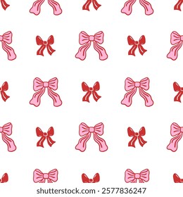 Seamless pink and red pattern featuring hand drawn whimsical ribbon bows. Romantic coquette style. Cute and simple design. Vector repeating background