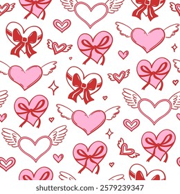 Seamless pink and red pattern featuring hand drawn hearts with wings and ribbon bows. Perfect for romantic Valentines Day design, wedding. Vector repeating background