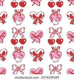 Seamless pink and red pattern featuring hand drawn strawberries, hearts and cherries with bows. Perfect for romantic Valentines Day design. Vector repeating background