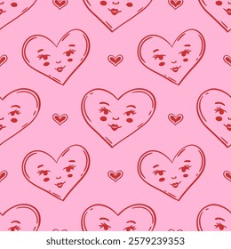 Seamless pink and red pattern featuring hand drawn smiling hearts with expressive faces. Perfect for romantic Valentines Day design, wedding. Vector background