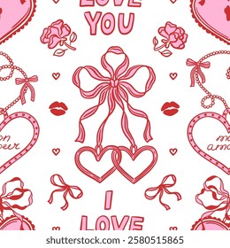 Seamless pink and red pattern featuring hand drawn hearts, bows, roses, love messages. Perfect for romantic Valentines Day designs, weddings. Vector background