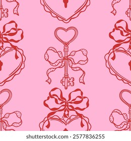 Seamless pink and red pattern with hand drawn heart shaped love lock and key, coquette whimsical bows. Romantic Valentines Day or wedding design. Vector background