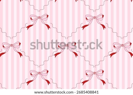 Seamless pink ribbon bow pattern with striped background. Decorative design for textile, wallpaper, wrapping, and packaging.
