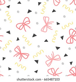 seamless pink ribbon with glitter confetti pattern on white background