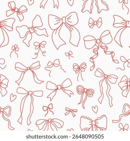 Padrão de fita rosa sem costura com arcos vintage bonitos. Plano de fundo de repetição desenhado à mão para o Dia dos Namorados, casamento, aniversário ou design de feriado. Impressão vetorial estilo coquette para papel, tecido, embalagem, o