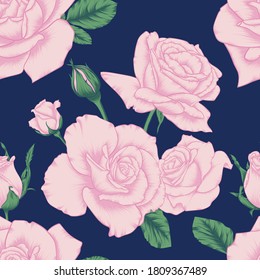 Seamless Pink Rose and Rose Buds on Dark Blue Background Floral Pattern for Fabric Patterns
