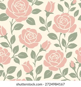 Seamless pink rose floral pattern with soft pastel flowers and green leaves on cream background, elegant romantic botanical design for fabric wallpaper wrapping paper.
