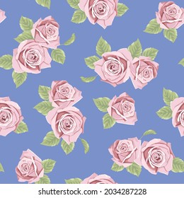 Seamless Pink Rose Flower Pattern With Blue Color Background
