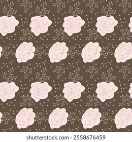 Seamless pink rose pattern on brown background.