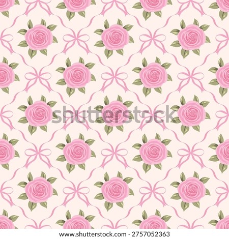 Seamless pink rose pattern with ribbon trellis and bows, elegant coquette floral vector background.

