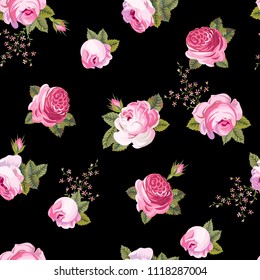 Seamless pink roses pattern on a black background