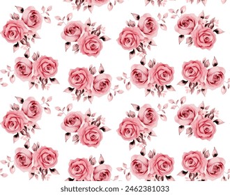 Seamless pink roses pattern in small wild flowers. Country style millefleurs. Floral meadow background for textile, wallpaper, pattern fills, covers, surface, print, gift wrap, scrapbooking, decoupage