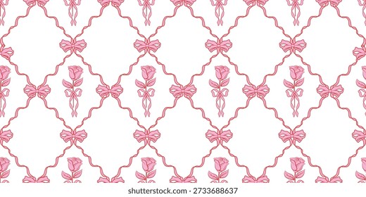 Rosas rosadas inconsútiles con los marcos de la cinta, modelo del día de San Valentín. Patrón sin fisuras con rosas rosadas dentro de marcos de cinta en forma de diamante decorados con arcos. Elegante diseño romántico para la impresión textil, tela, papel de regalo y decoración de San Valentín.