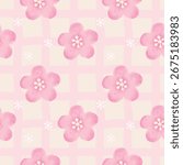 Seamless pink sakura flower pattern with soft pastel grid background. Perfect for spring designs, fabric, wallpaper, wrapping paper, and decorative projects.
