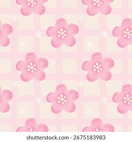 Patrón de flores de sakura rosa sin costuras con fondo de rejilla pastel suave. Perfecto para diseños de primavera, tela, Fondo de pantalla, papel de regalo y proyectos decorativos.