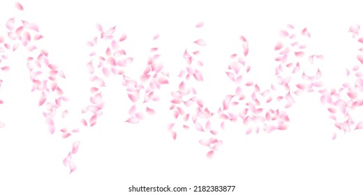 Seamless pink sakura petals. Falling realistic cherry petals on white. Japanese funky flowers wallpaper. Perfect design for wedding, Valentines Day, Mothers Day. Vector romantic illustration