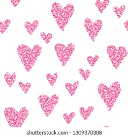 Seamless pink and silver heart pattern. Valentine doodle style background for invitations, cards, wrapping paper, textile. Pink ornament. Shining silver confetti colored hearts.