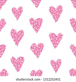 Seamless pink and silver heart pattern. Pink and white ornament. Doodle style background for Valentine Day and wedding cards, invitations, wrapping paper, textile. Shining silver confetti hearts.