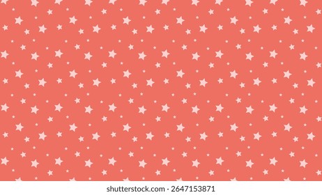 Seamless pink star pattern on coral red background. Cute and playful vector for nursery design, kids' products, baby shower decor, wrapping paper, scrapbooking, and whimsical celestial themes.