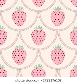 Padrão de morango rosa sem costura com bordas pontilhadas recortadas. Fundo de pastel para decoração de berçário, têxteis e embrulho de presente.