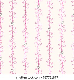 Seamless pink  stripe pattern with hand drawn swirls and hearts for girls