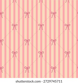 Seamless pink striped pattern with cute bow illustration. Elegant pastel vector background with repeating ribbon motif, perfect for wallpaper, textile, gift wrap, stationery, and feminine design.