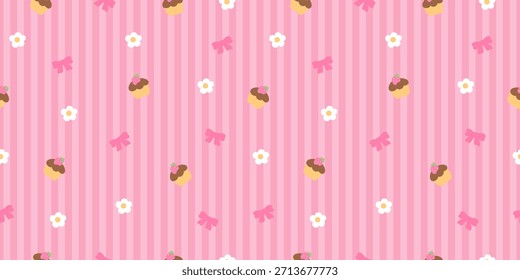 Patrón de rayas rosas sin costuras con pudines kawaii, lazos y pequeñas margaritas blancas. Dulce fondo romántico perfecto para el papel de regalo de San Valentín, tela, papelería y proyectos de pastel femenino.