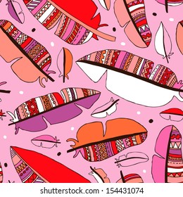 Seamless pink summer bird feather illustration aztec background pattern in vector