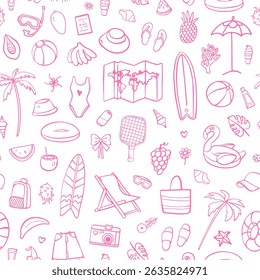 Seamless pink summer pattern with hand-drawn beach items, surfboards, palm trees, swimsuits, fruits, umbrellas, floaties, travel icons, and playful vacation elements