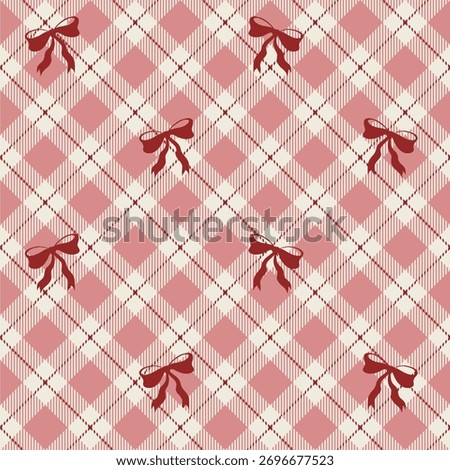 Seamless pink tartan plaid pattern decorated with elegant red ribbon bows. Vector illustration in modern preppy style, ideal for fabric and gift wrap.