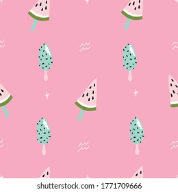 Seamless pink and teal watermelon popsicle pattern with retro hipster stars. Fun summer pattern.