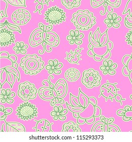 Seamless pink texture with flowers and insects