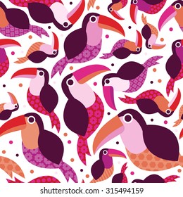 Seamless pink toucan birds tropical summer Brazil jungle animals illustration background pattern in vector